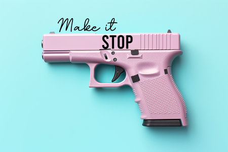 A pink gun on a blue background. Generative AI image. Stop gun violence.の素材