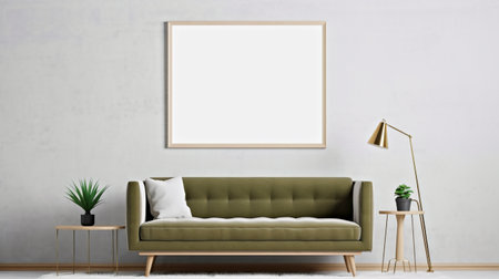 A living room with a green couch and a lamp. Generative AI image. Poster canvas mockup.の素材
