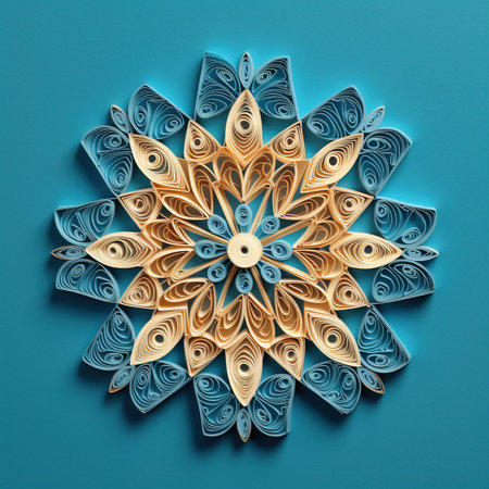 A paper snowflake on a blue background. Generative AI image.の素材
