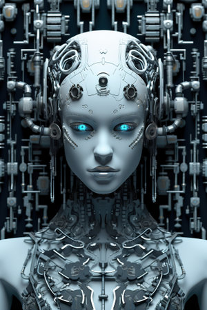 A woman with blue eyes and a robot head. Generative AI image.の素材