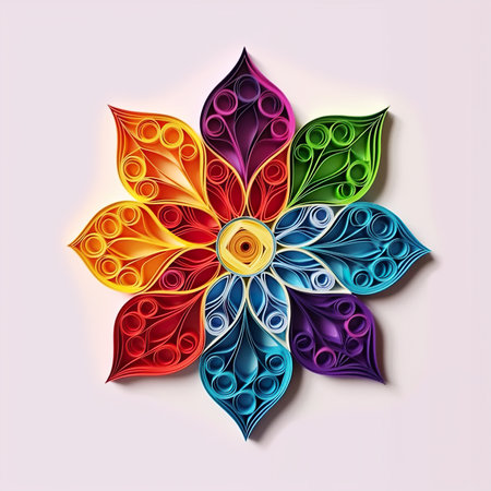 A colorful paper flower on a white surface. Generative AI image.の素材