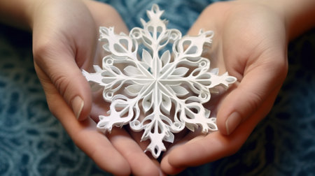 A person holding a paper snowflake in their hands. Generative AI image.の素材