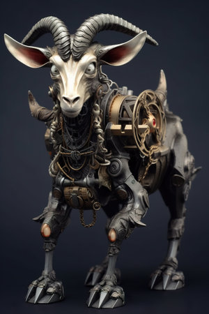 A statue of a goat with horns and chains. Generative AI image.の素材