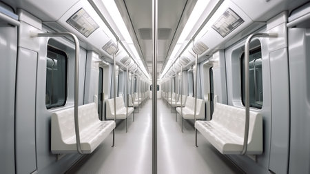A subway car with a row of empty seats. Generative AI image.の素材