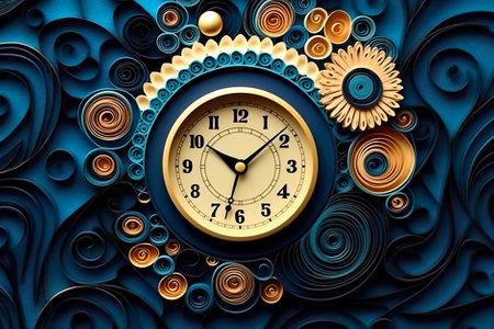 A clock with paper flowers on a blue background. Generative AI image.の素材