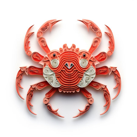 A crab made out of paper on a white surface. Generative AI image.の素材