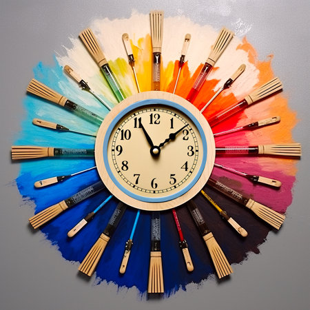 A clock made out of paint brushes and a paintbrush. Generative AI image.の素材