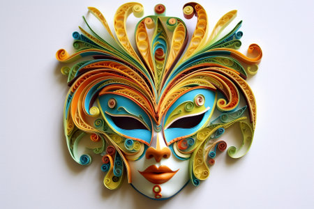 A colorful mask made out of paper on a white surface. Generative AI image.の素材
