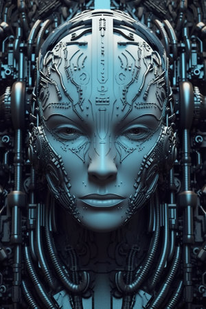 A futuristic woman with headphones in front of a wall of wires. Generative AI image.の素材