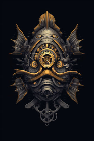 A gold and black clockwork mask on a black background. Generative AI image.の素材