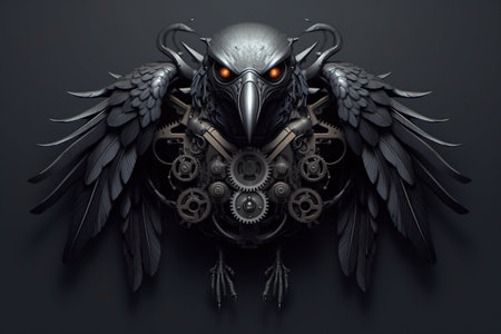 A black bird with red eyes sitting on top of a clock. Generative AI image.の素材