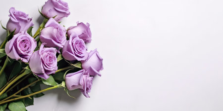 A bunch of purple roses on a white surface. Generative AI image.の素材