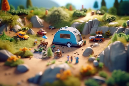 A miniature model of a camper van in the woods. Generative AI image.の素材