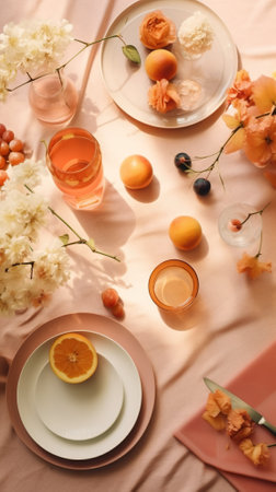 A table is set with plates, glasses, and fruit. Generative AI image.の素材