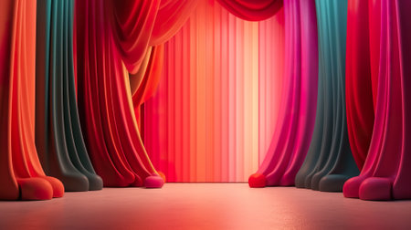 A room with a lot of colorful curtains. Generative AI image.の素材