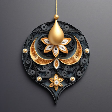 A gold and black ornament hanging on a wall. Generative AI image.の素材