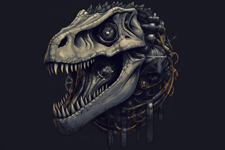 A close up of a t - rex head on a black background. Generative AI image.の素材