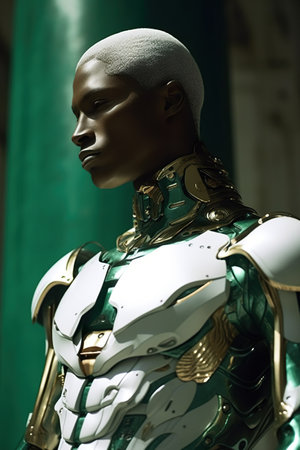A close up of a mannequin wearing a green and white outfit. Generative AI image.の素材