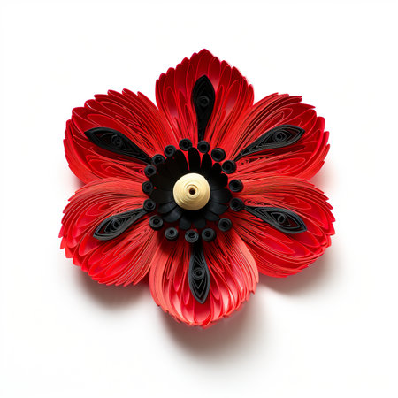 A close up of a red flower on a white surface. Generative AI image.の素材