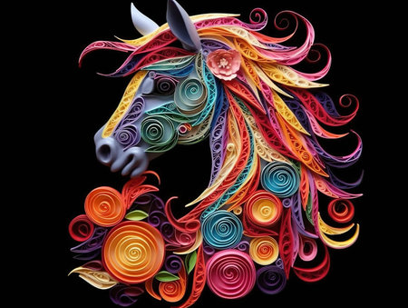 A colorful horse head made out of quilled paper. Generative AI image.の素材