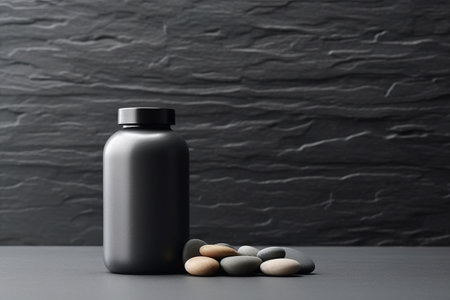 A black bottle. Generative AI image. Cosmetic product or food supplement mockup.の素材