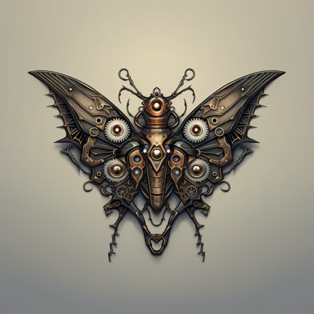 A metal butterfly with gears attached to its wings. Generative AI image.の素材