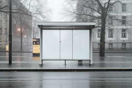 A bus stop on a city street in the rain. Generative AI image.の素材