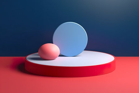 Round podium on blue, pink and red background. Generative AI.の素材