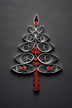 A christmas tree made out of paper with red buttons. Generative AI image.の素材