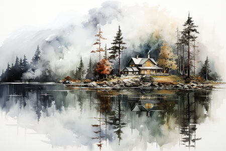 A watercolor painting of a house on a small island. Generative AI image.の素材