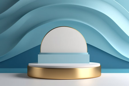 Round podium on blue and white monochromatic background. Generative AI.の素材