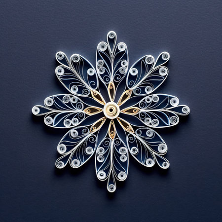 A paper quilled snowflake on a blue surface. Generative AI image.の素材