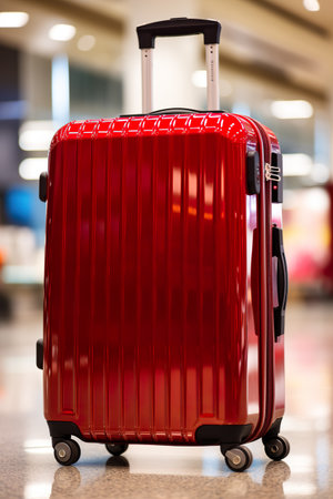 A red suitcase sitting on top of a floor. Generative AI image.の素材