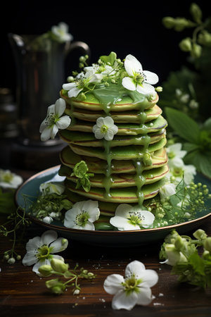 A stack of pancakes covered in green and white flowers. Generative AI image.の素材