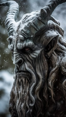A close up of a statue of a horned animal. Generative AI image.の素材