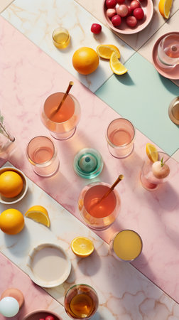 A table topped with bowls of fruit and drinks. Generative AI image.の素材