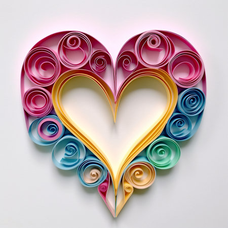 A heart made out of rolled paper on a white surface. Generative AI image.の素材