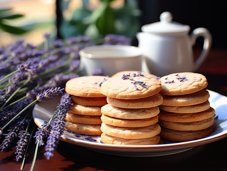 A plate of cookies and a cup of tea on a table. Generative AI image.の素材