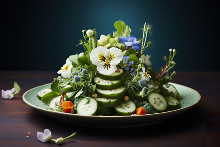 A plate of cucumbers and flowers on a table. Generative AI image.の素材