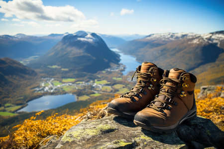 A pair of hiking boots sitting on top of a rock. Generative AI image.の素材