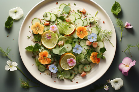 A white plate topped with cucumbers and flowers. Generative AI image.の素材