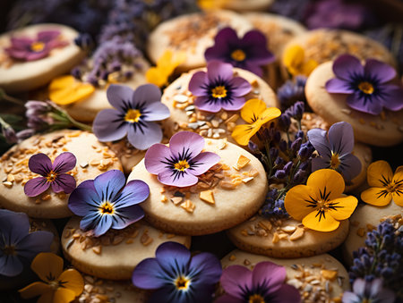 A bunch of cookies with flowers on top of them. Generative AI image.の素材