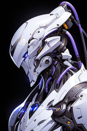 A close up of a robot"s head on a black background. Generative AI image.の素材