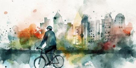 A painting of a man riding a bike in front of a city. Generative AI image.の素材