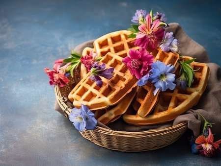 A basket filled with waffles and flowers on top of a table. Generative AI image.の素材