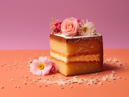 A piece of cake sitting on top of a table. Generative AI image.の素材