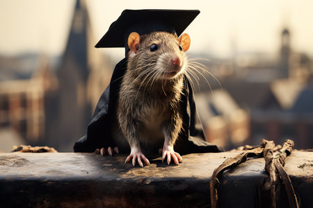 A rat wearing a graduation cap and gown. Generative AI image.の素材