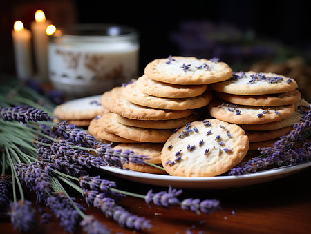 A plate of cookies and lavender flowers on a table. Generative AI image.の素材