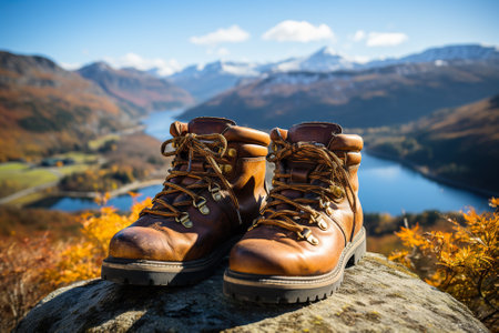 A pair of brown boots sitting on top of a rock. Generative AI image.の素材