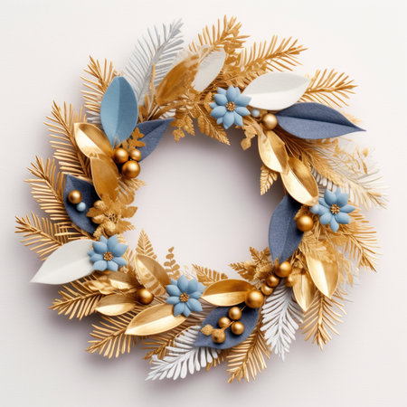 A gold and blue wreath with leaves and berries. Generative AI image.の素材